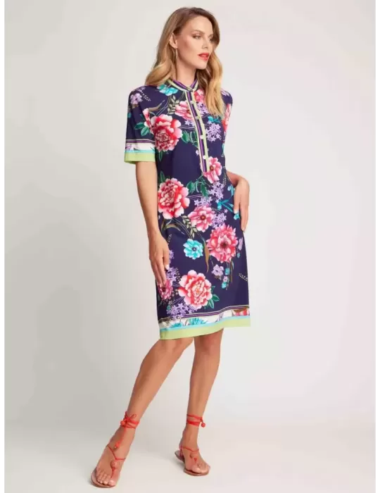Piero Moretti 2024 | Blue turquoise fuchsia flowers print polo dress Piero Moretti 2024 | Blue turquoise fuchsia flowers print polo dress