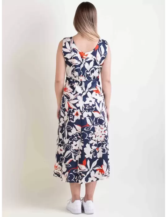 Abito midi in mussola cotone fantasia bianco blu e rosso by Amethist
