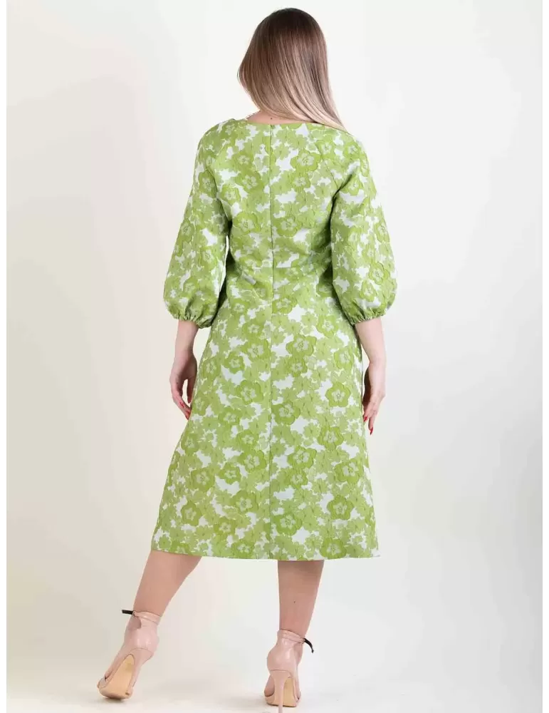 Pistachio green flowers brocade midi dress baloon sleeves