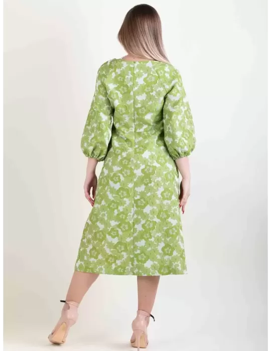 Abito romantico broccato a fiori verde pistacchio maniche palloncino