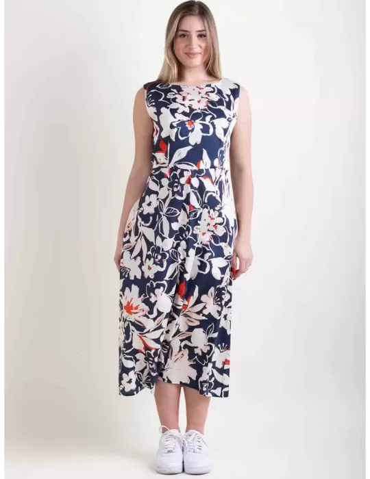 Abito midi in mussola cotone fantasia bianco blu e rosso by Amethist