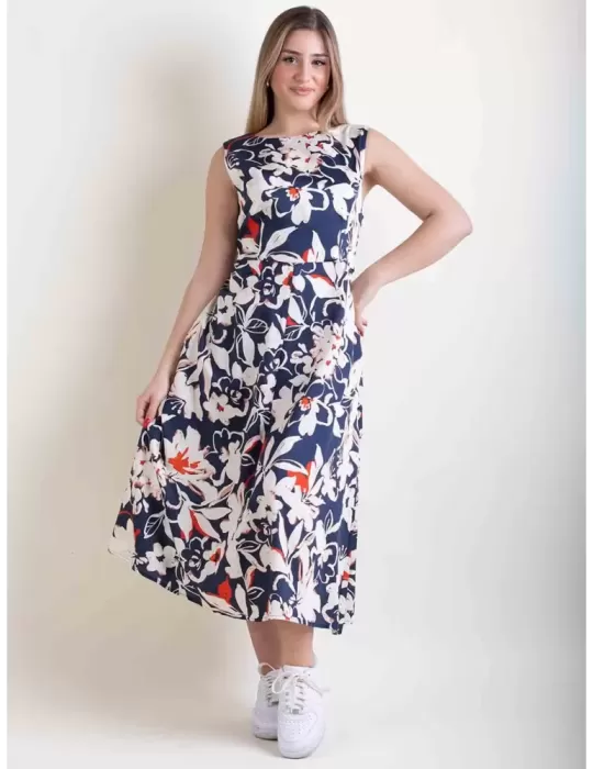 Abito midi in mussola cotone fantasia bianco blu e rosso by Amethist Abito midi in mussola cotone fantasia bianco blu e rosso by Amethist