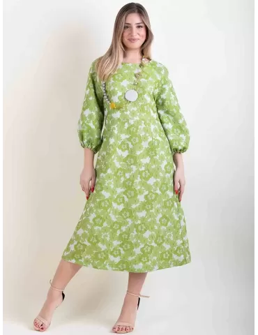 Pistachio green flowers brocade midi dress balloon sleeves | Women cocktail dresses