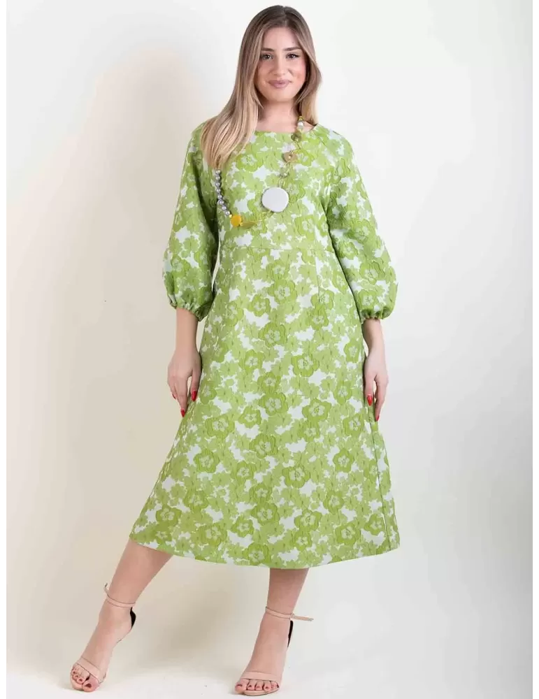 Abito romantico broccato a fiori verde pistacchio maniche palloncino