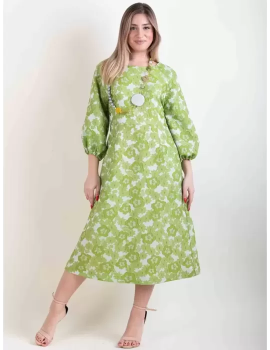 Abito romantico broccato a fiori verde pistacchio maniche palloncino Abito romantico broccato a fiori verde pistacchio maniche palloncino