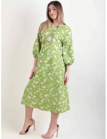Abito romantico broccato a fiori verde pistacchio maniche palloncino 2