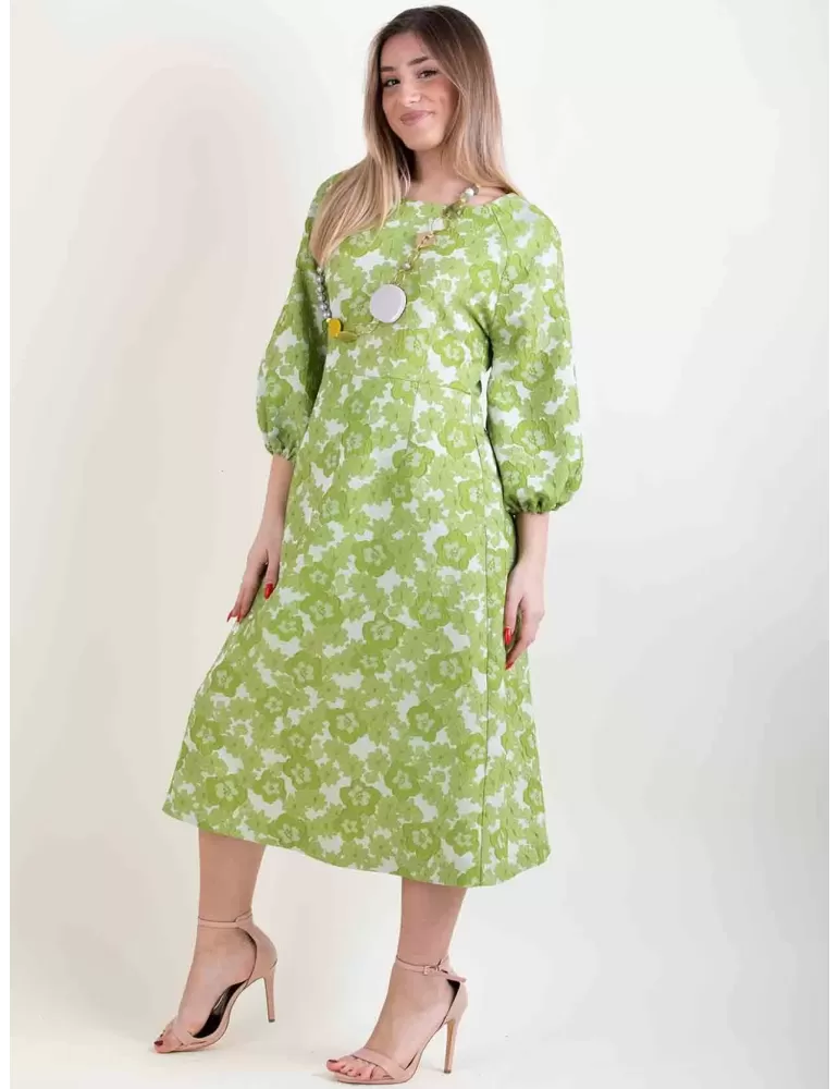 Pistachio green flowers brocade midi dress baloon sleeves