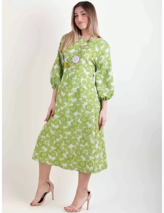 Abito romantico broccato a fiori verde pistacchio maniche palloncino