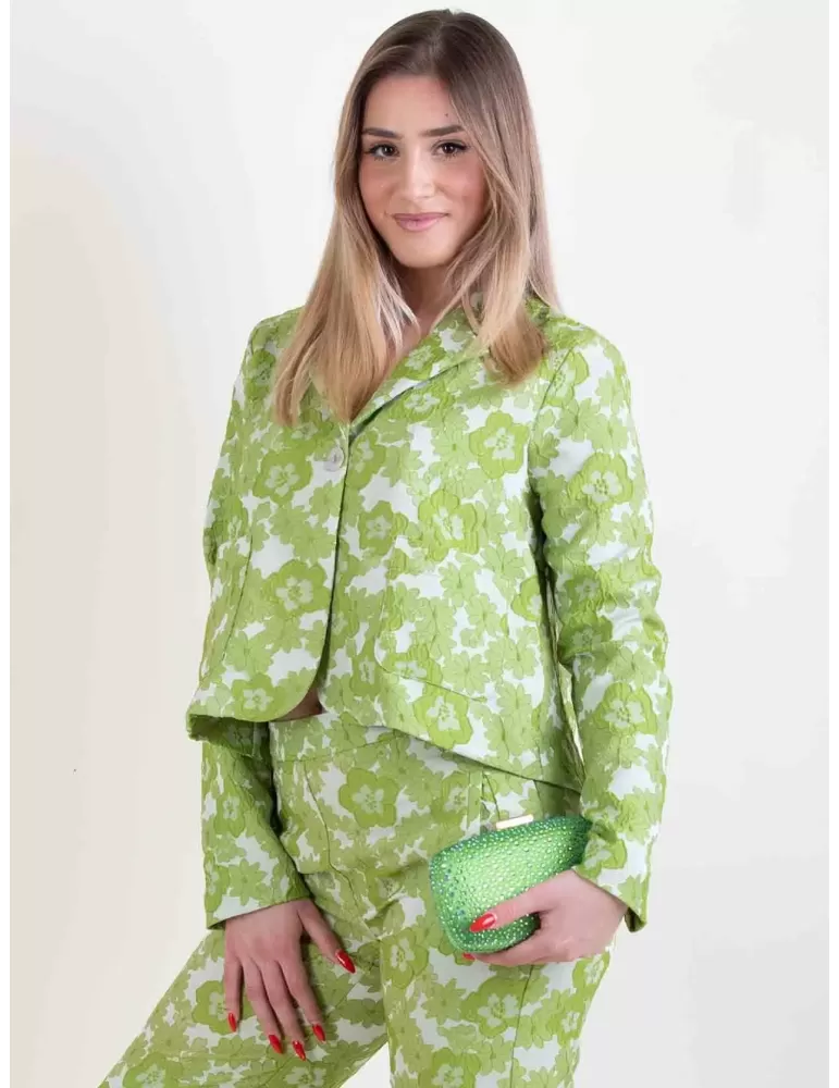 Giacca corta del tailleur broccato a fiori verde pistacchio | Amethist