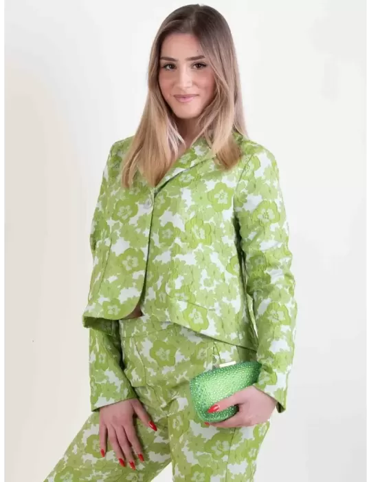 Giacca corta del tailleur broccato a fiori verde pistacchio | Amethist