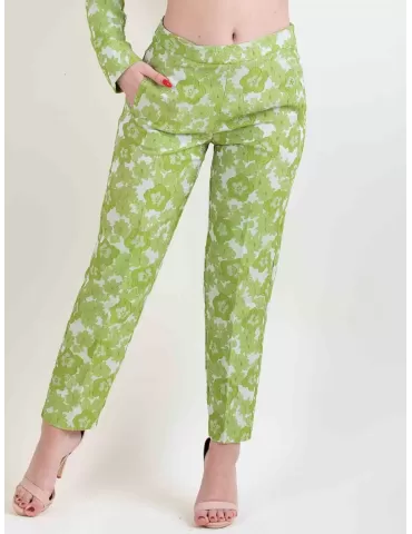 Amethist Italian Clothing | Green brocade silk cigarette trousers 2