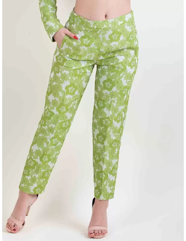 Amethist green flowers brocade silk cigarette trousers