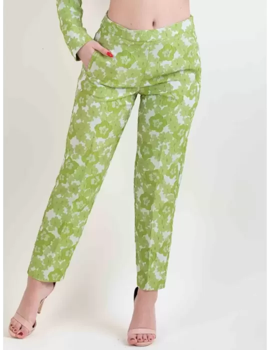 Amethist green flowers brocade silk cigarette trousers