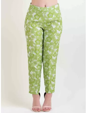 Amethist green flowers brocade silk cigarette trousers