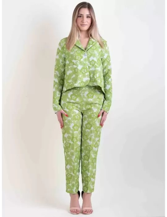 Amethist green flowers brocade silk cigarette trousers