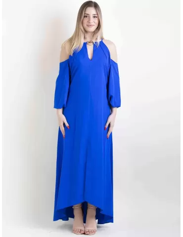 Royal blue romantic long formal dress sleeves front split plus size fit