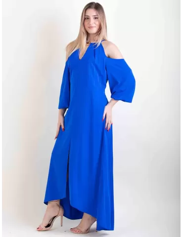 Royal blue romantic long formal dress sleeves front split plus size fit 2