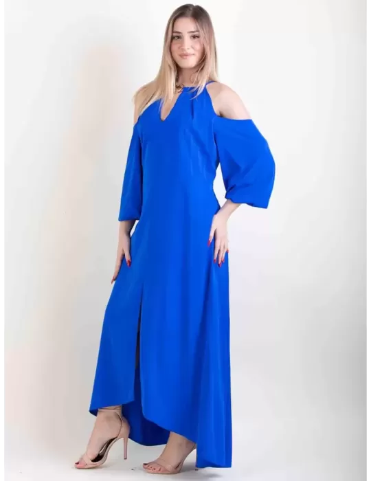 Royal blue romantic long formal dress sleeves front split plus size fit