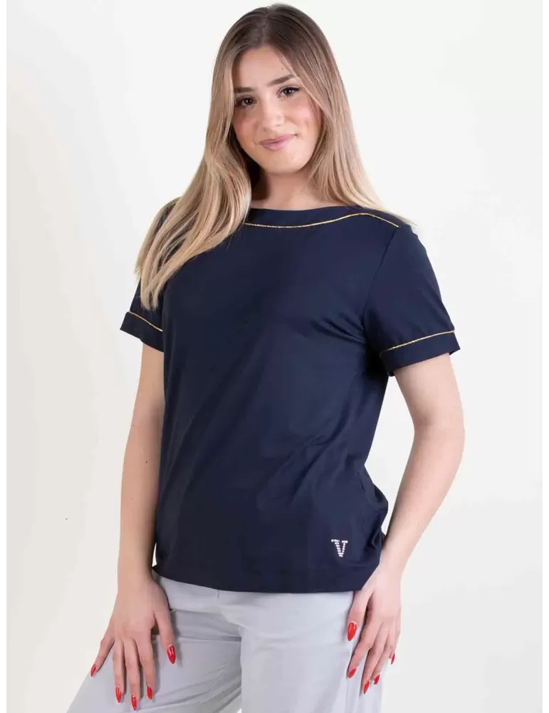 Volpato Italy | Blue cotton t-shirt with golden profiles Volpato Italy | Blue cotton t-shirt with golden profiles