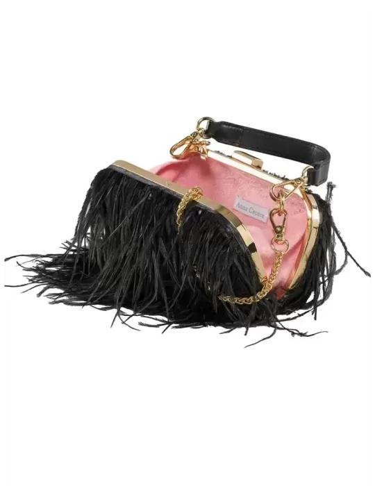 Anna Cecere black long plumes purse silk satin bag Anna Cecere black long plumes purse silk satin bag