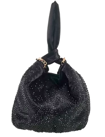 Anna Cecere black silk wrist bag with a rhinestones cascade