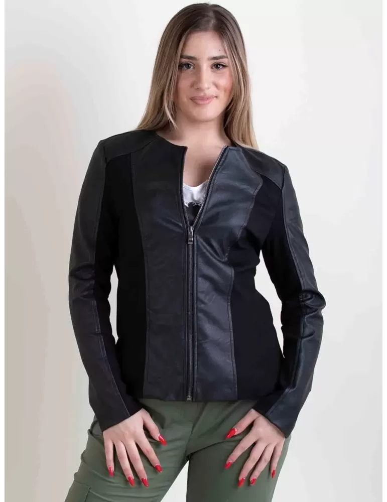 Leather jacket round neck hot sale