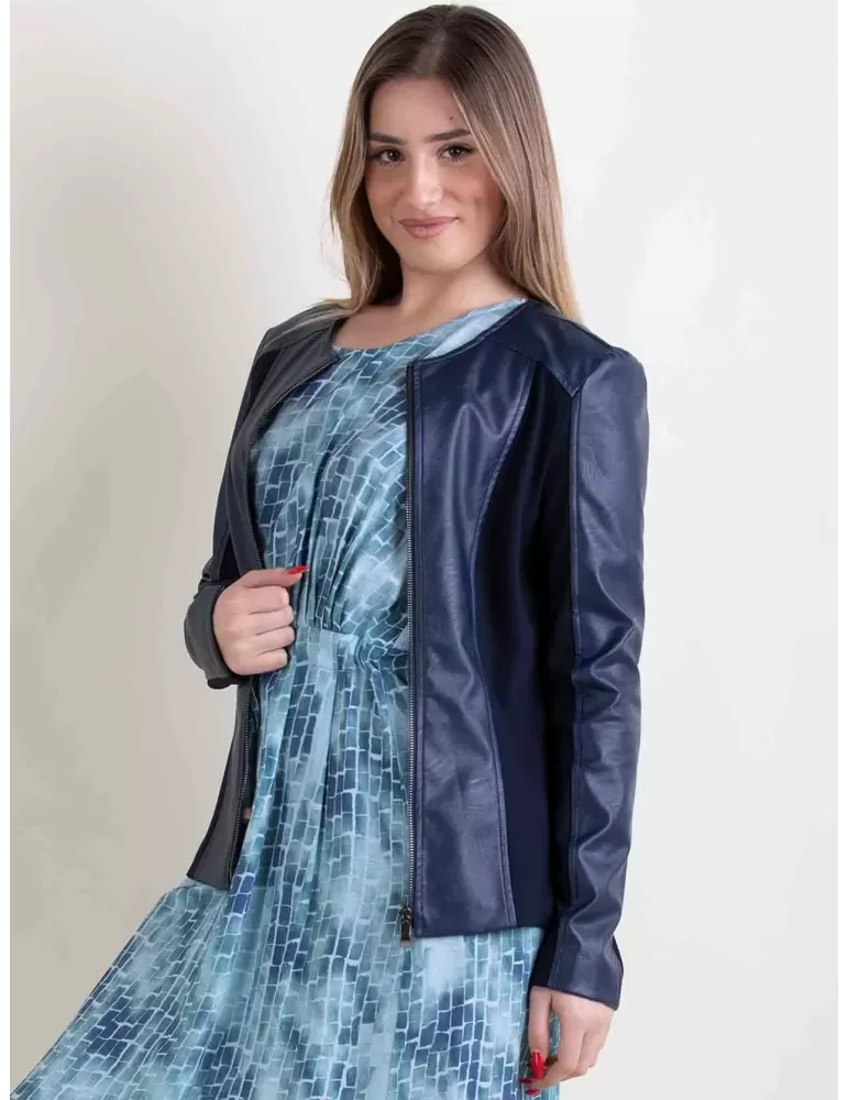 Rubamori plus size dark blue faux leather roundneck jacket