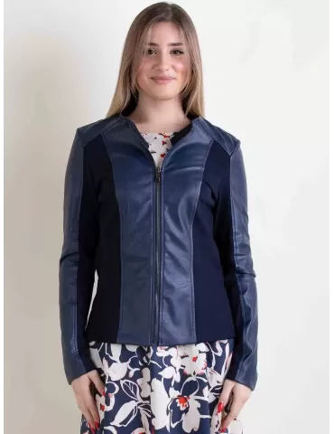 Rubamori Milano | Plus size dark blue faux leather roundneck jacket 2