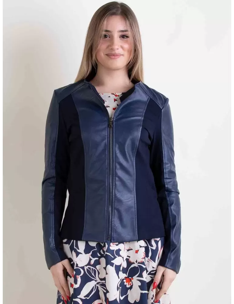 Rubamori plus size dark blue faux leather roundneck jacket