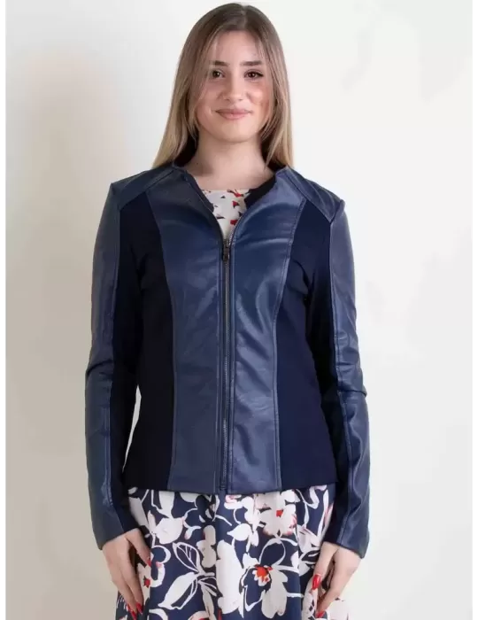 Rubamori plus size dark blue faux leather roundneck jacket