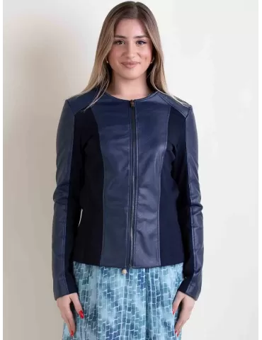 Rubamori Milano | Plus size dark blue faux leather roundneck jacket