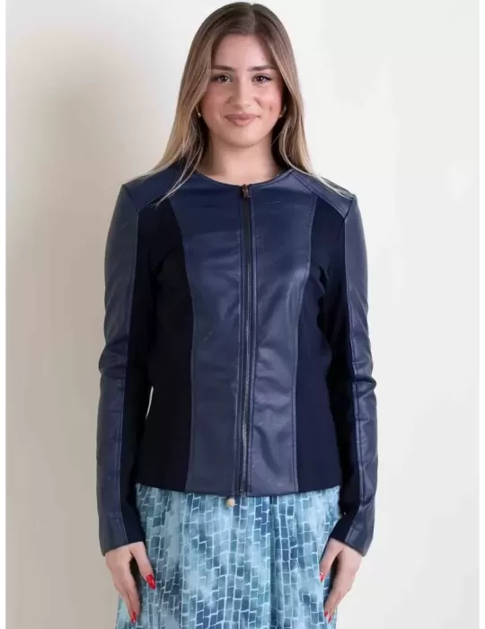 Rubamori plus size dark blue faux leather roundneck jacket Rubamori plus size dark blue faux leather roundneck jacket