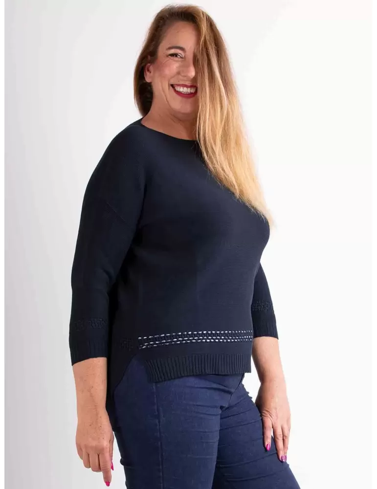 Riva Tricot maglieria | Pullover blu in puro cotone intarsi fino 4XL