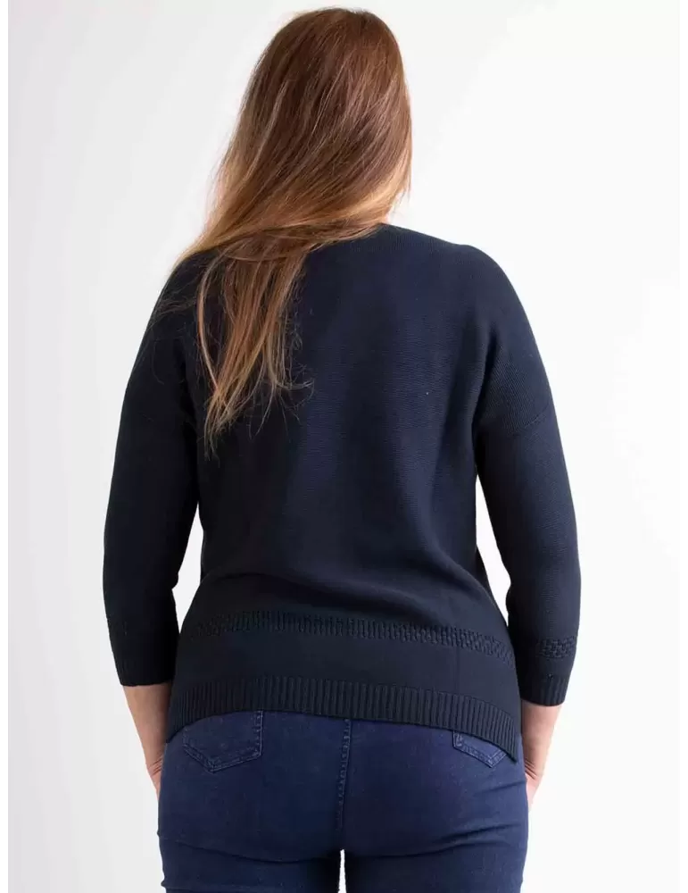 Riva Tricot | Dark blue crewneck pullover cotton sweater plus size