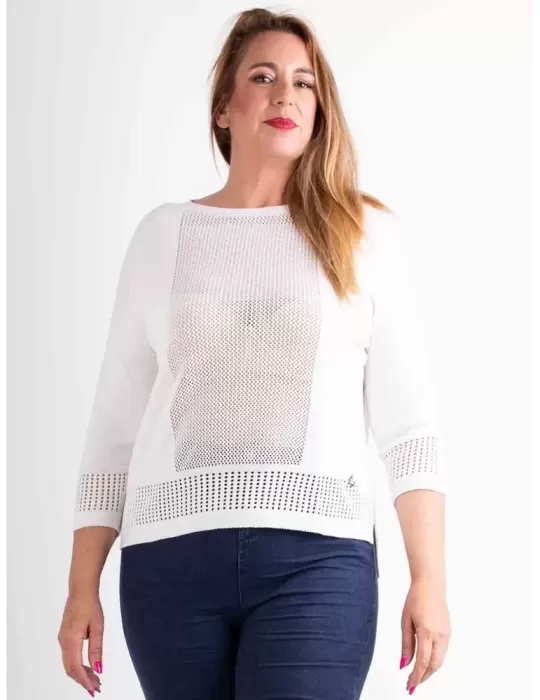 Riva Tricot | white crew neck pullover openwork cotton sweater