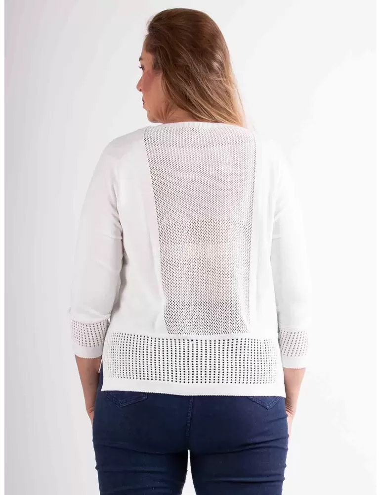 Riva Tricot | white crew neck pullover openwork cotton sweater