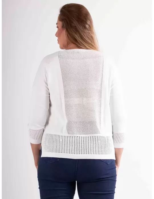 Riva Tricot | white crew neck pullover openwork cotton sweater