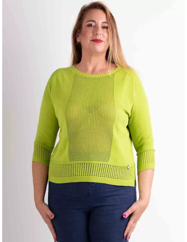 Riva Tricot | Pistachio green crewneck pullover openwork cotton sweater Riva Tricot | Pistachio green crewneck pullover openwork cotton sweater