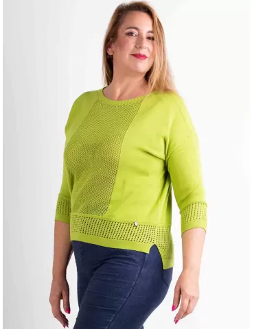 Pistachio green crewneck pullover openwork cotton sweater 2