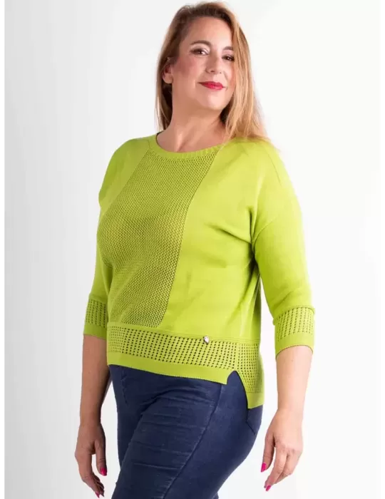 Pistachio green crewneck pullover openwork cotton sweater
