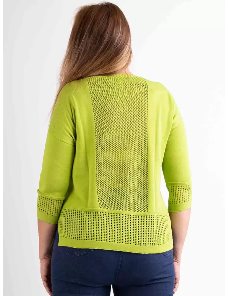 Pistachio green crewneck pullover openwork cotton sweater