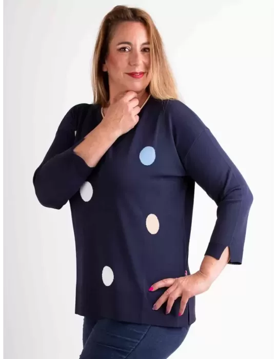Riva Tricot Italy dark blue polka dots cotton sweater