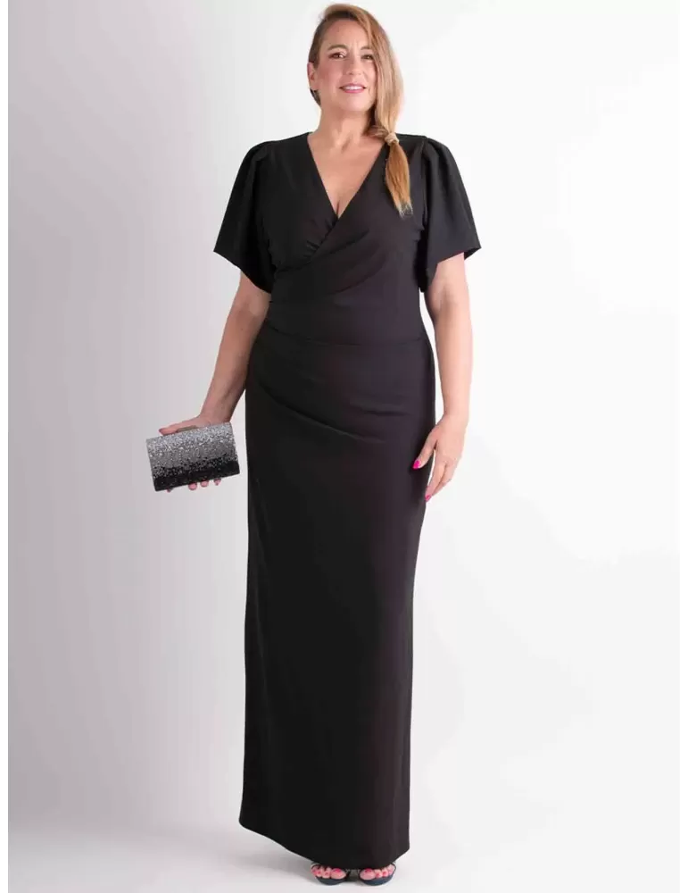 Plus size black draped silk evening long dress with sleeves Casting Plus size black draped silk evening long dress with sleeves Casting