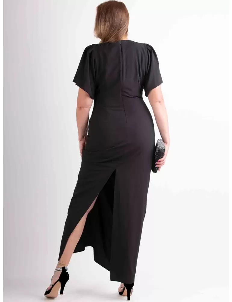 Plus size black draped silk evening long dress with sleeves Casting