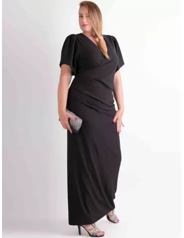 Plus size black draped silk evening long dress with sleeves Casting 2