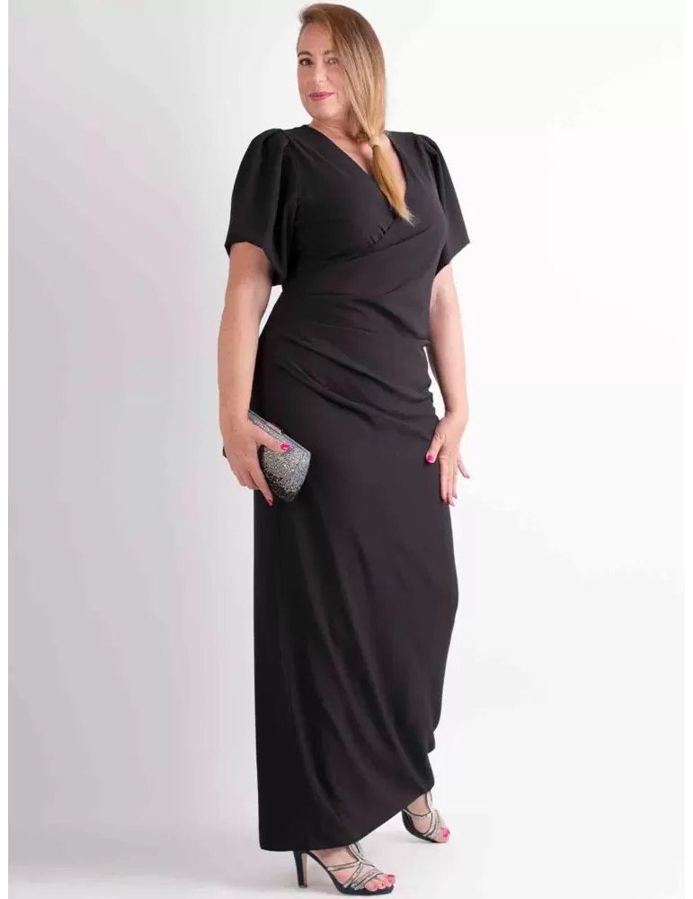 Black draped silk evening long dress short sleeves Casting