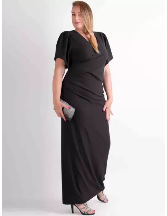 Plus size black draped silk evening long dress with sleeves Casting