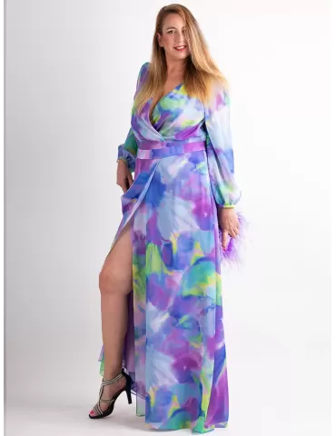 Evassè lilac long formal dress front split and long sleeves 2