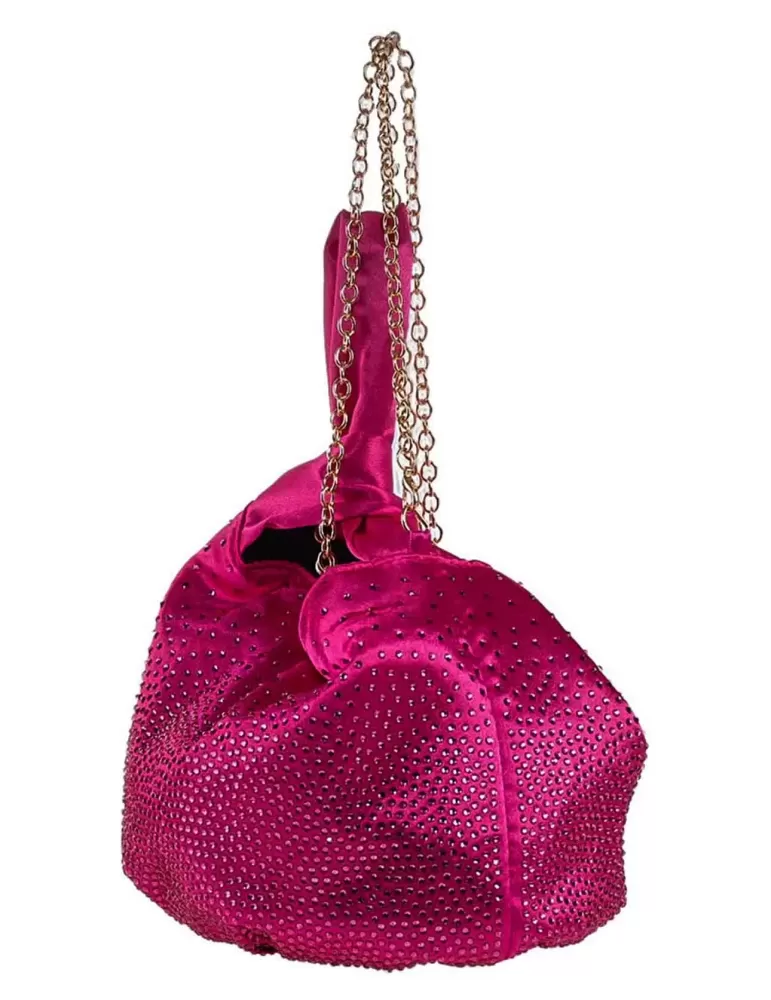 Anna Cecere fuchsia silk wrist bag with a rhinestones cascade