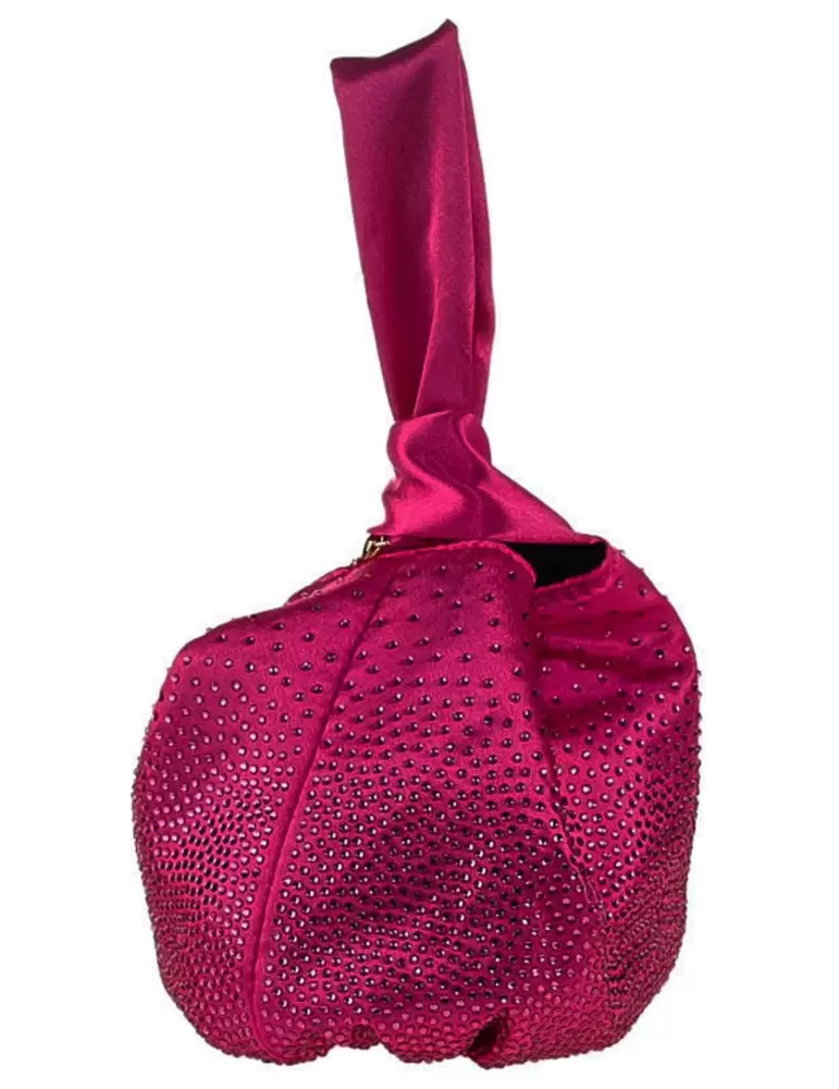 Anna Cecere fuchsia silk wrist bag with a rhinestones cascade